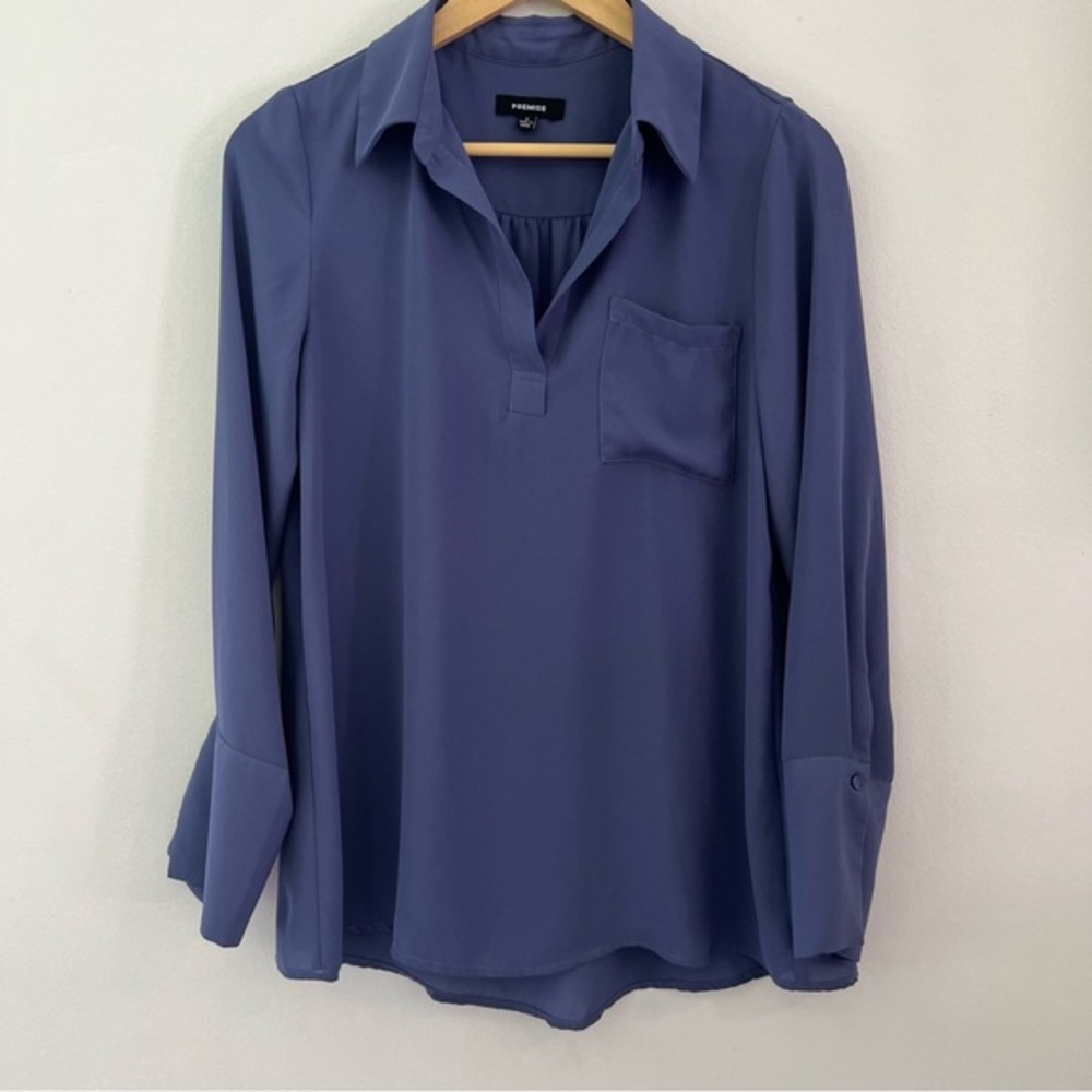 Premise V-Neck Cuffed Sleeve Pocket Long Sleeve Blouse‎ Top